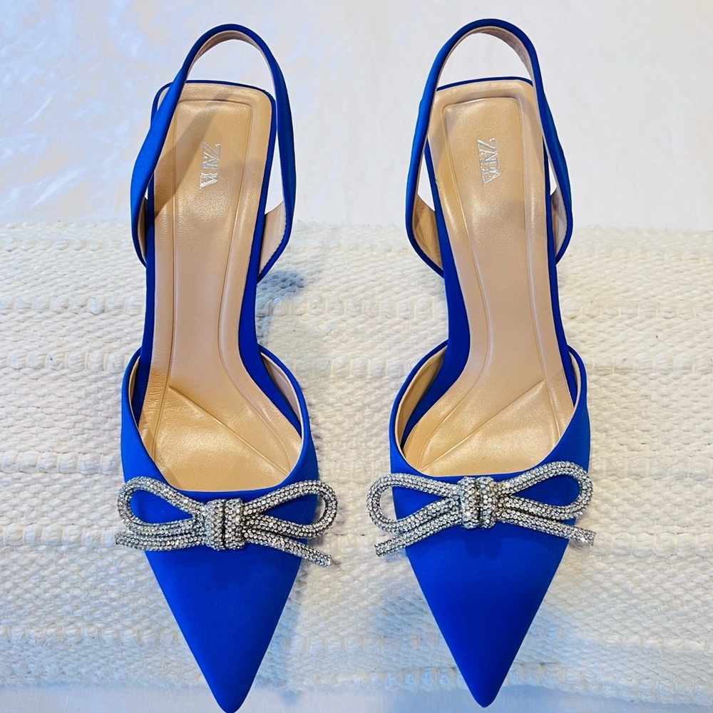 Zara women’s crystal bow, pointed toe blue satin slingback - size 9
